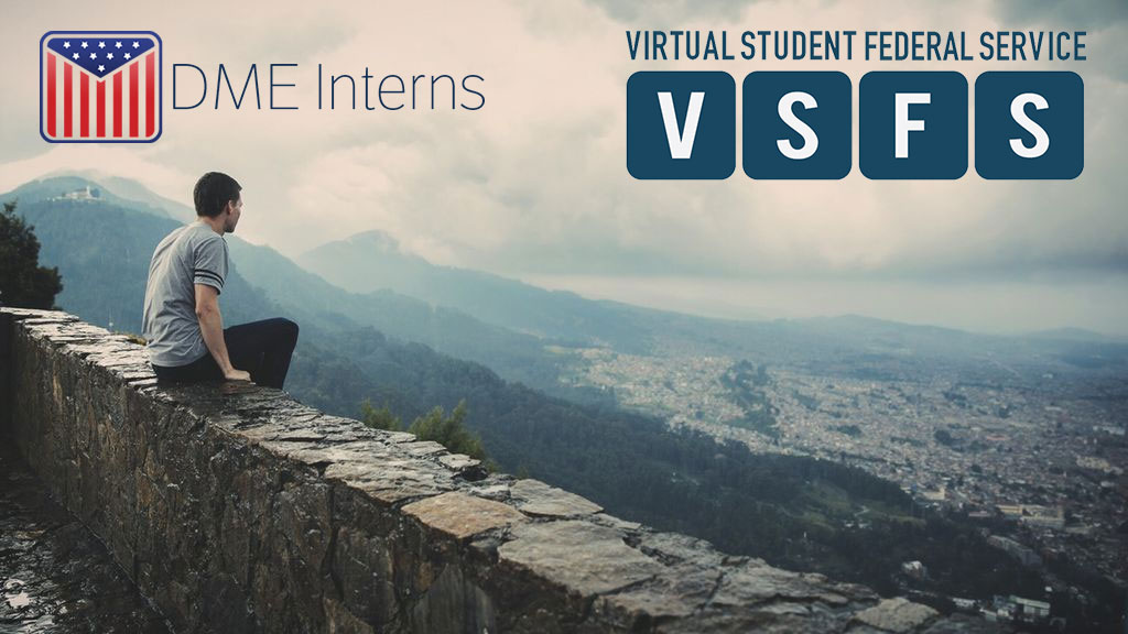 DME Interns and logo. Virtual Student Federal Service: VSFS. Person sitting on mountain ledge looking over a forest and town