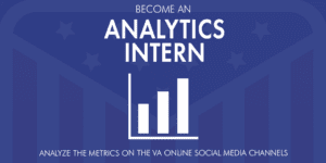 Become an Analytics Intern: Analyze the metrics on the VA online social media channels. Simple three column graph in center.