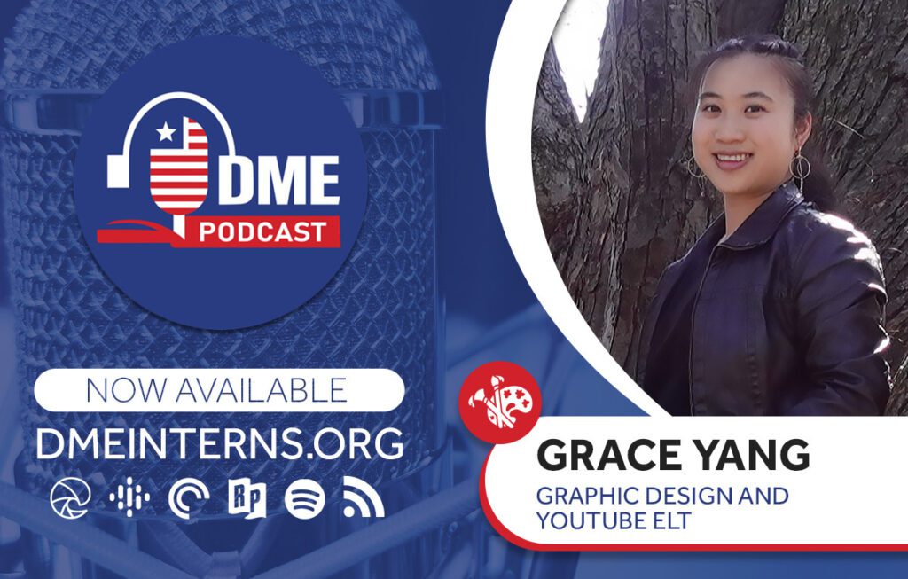 Young woman in front of tree, next to DME Podcast logo