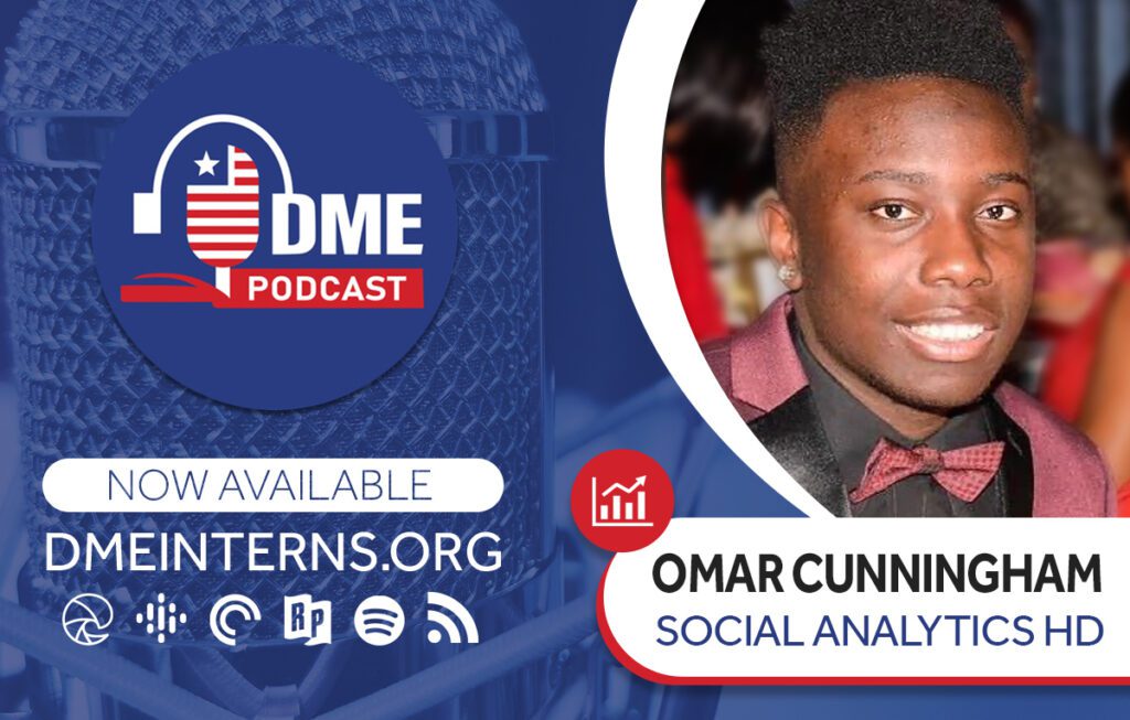 Headshot of young man in suite next to DME Podcast logo