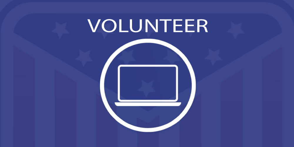 White text "Volunteer" and lap-top in circle infront of blue filtered American flag