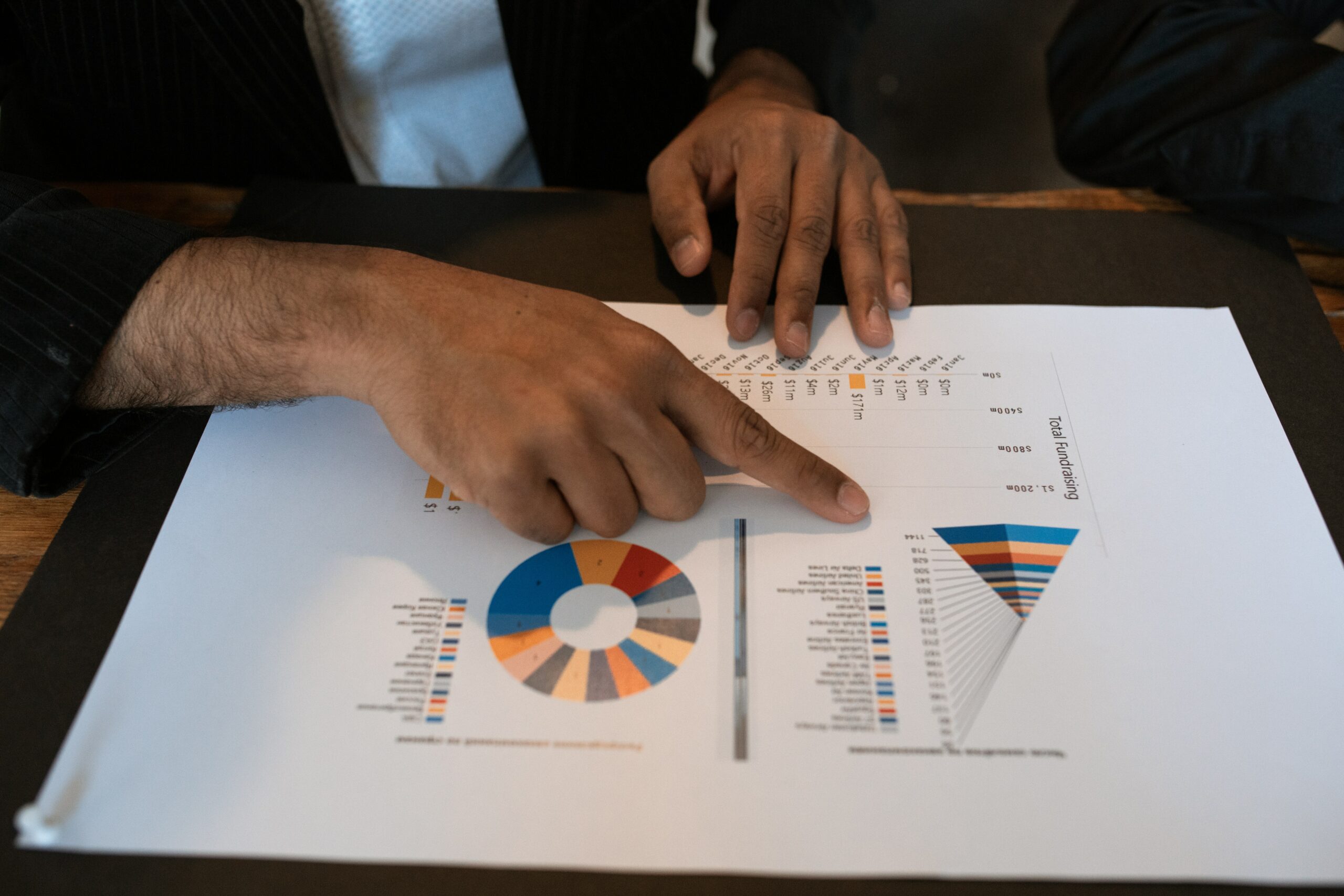 A person pointing at graphs, charts, and other data on a printed sheet.