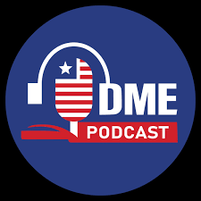 DME Podcast Logo that features a microphone with the american flag colored over it, a pair of headphones float above it.