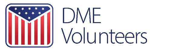 Virticle American flag with DME Volunteers logo