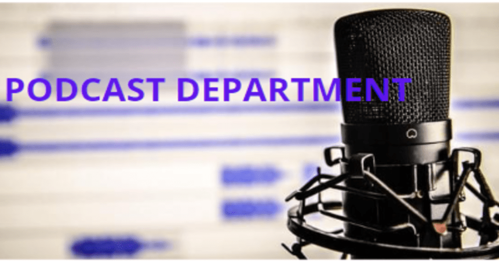 "Podcast Department" text infront of microphone